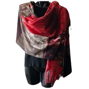 Pashmina in Ultra Soft Red and Brown Floral Print Scarf Wrap